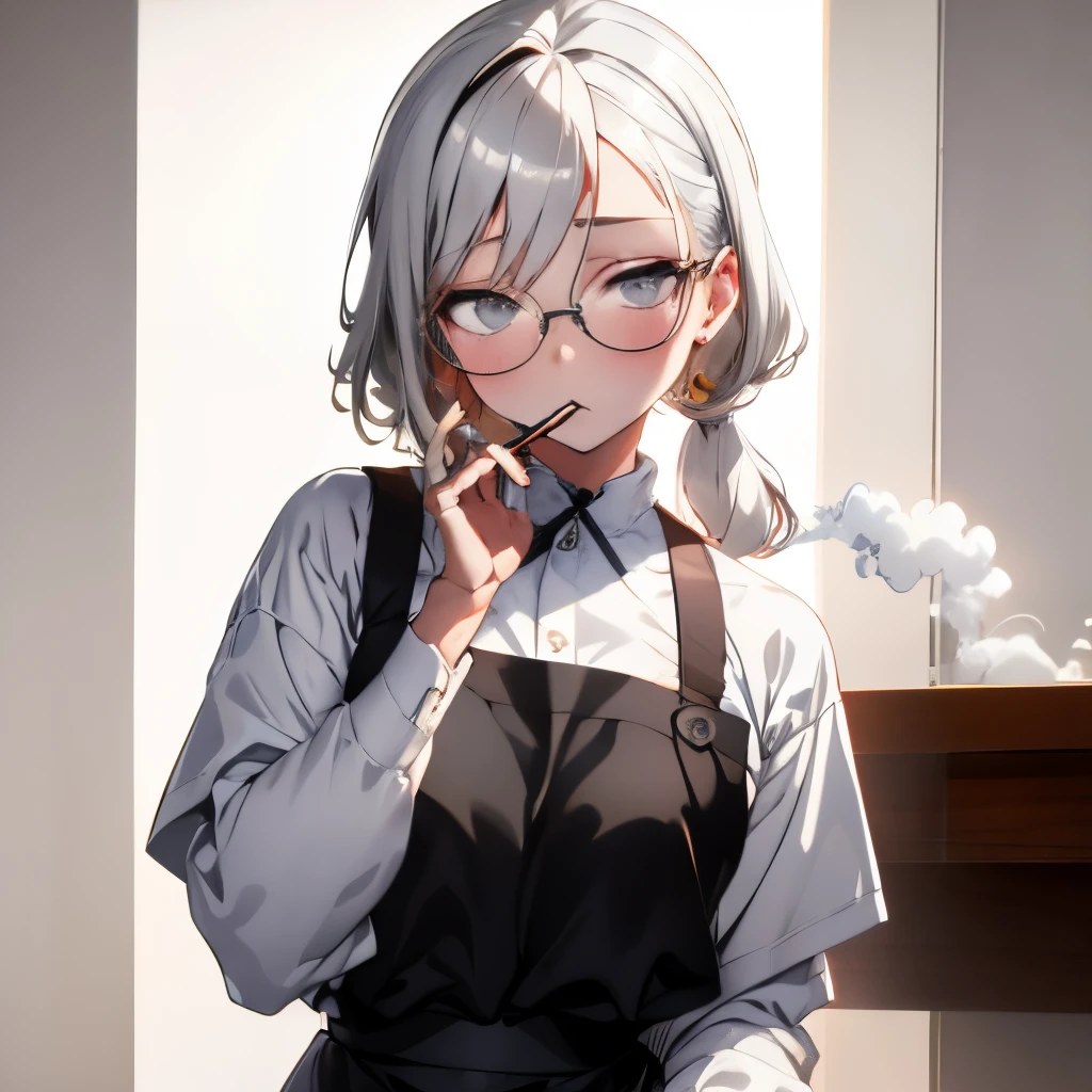 【Highest Quality, masutepiece】 [girl, Manteau, expressioness, brown eyes,glasses, sanpaku eyes,front facing,beauty blonde hair, Slender beauty,straight haired, long pony tail hair ,Upper body] (Gray white background:1.4), no smile,Waitress apron, smoke a cigarette,