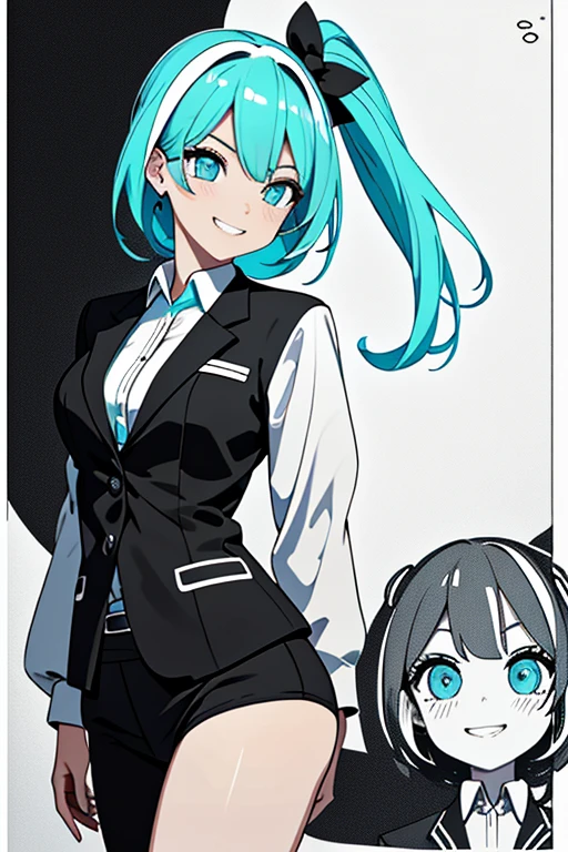 ((masterpiece、top-quality:1.5、a high chroma:1.5、ultra-detailliert、high-resolution illustrations:1.5、Ultra-high-definition CG、8k size wallpaper、offcial art))、,(cute face:1.5)、(grin:1.3),
((two-tone black and white、line drawing:1.5)),(two-tone black and white),(aqua eyes),(business suit),(), ((medium breasts))、
,(),()、(cowboy shot)、,girl,