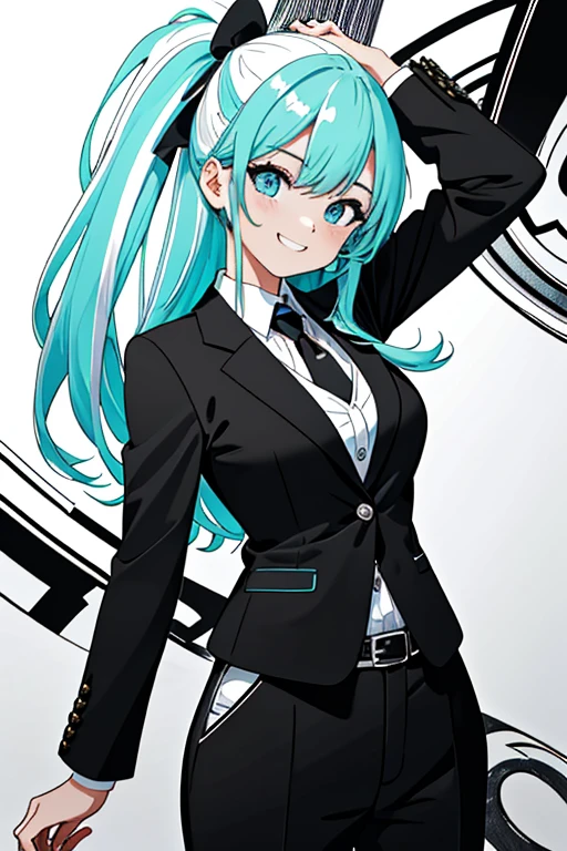 ((masterpiece、top-quality:1.5、a high chroma:1.5、ultra-detailliert、high-resolution illustrations:1.5、Ultra-high-definition CG、8k size wallpaper、offcial art))、,(cute face:1.5)、(grin:1.3),
((two-tone black and white、line drawing:1.5)),(two-tone black and white),(aqua eyes),(business suit),(), ((medium breasts))、
,(),()、(cowboy shot)、,girl,