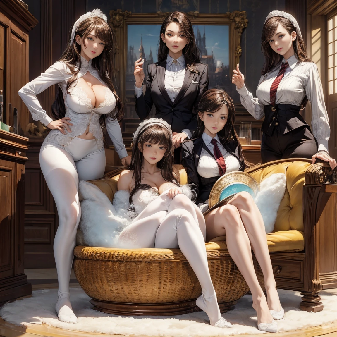 ((Masterpiece, Highest Quality)), Detailed Face, CharacterDesignSheet, full bodyesbian, Full of Details, multiple poss and expressions, Highly detailed, depth, many details,beautiful girls,business suit,Milk bath,lace tights,fantasy style,extremely beautiful,High balance, natural light