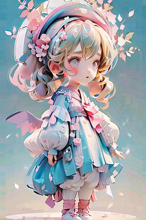 Yuko has wavy blonde hair, thin eyebrows, and pink eyeshadow. She wears a blue dress with floral patterns and pink lines, a white neckerchief, white, tri-layered sleeves, white pants, and pink wingtip shoes with light gray laces and soles. She also carries a white parasol with a pink inside, a pink top button, and a blue handle.