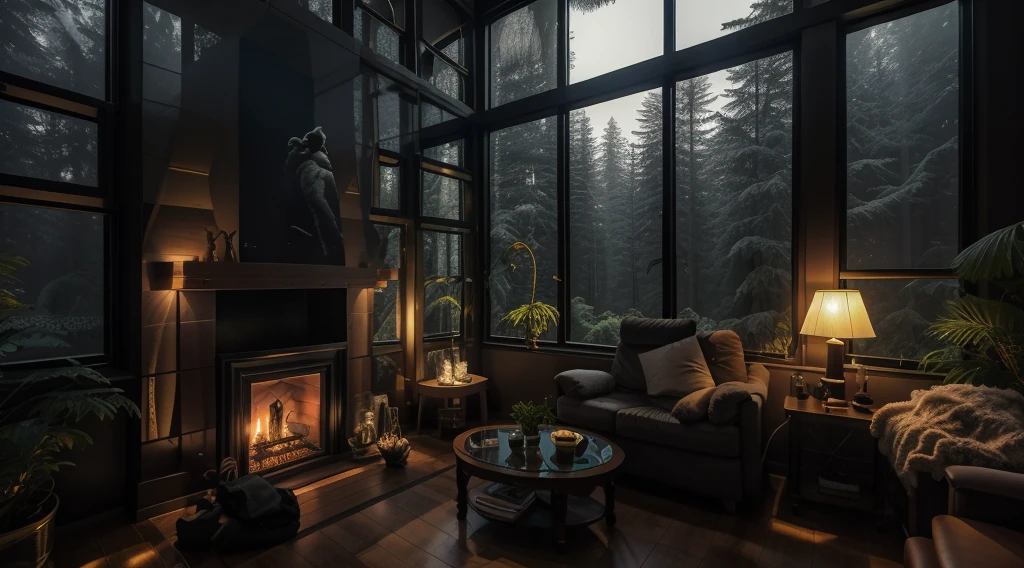 there&#39;s a fireplace in a room with a lot of windows, lugar aconchegante, ambiente aconchegante, arte conceitual escura fotorrealista, atmosfera aconchegante, ambiente acolhedor e tranquilo, atmosfera mal-humorada, grumpy cinematic atmosphere, aconchegante e calmo, fundo aconchegante da casa, ambiente aconchegante, fundo aconchegante da sala de estar, Papel de parede aconchegante, Atmoshpere aconchegante, ambiente relaxante, sala de estar aconchegante, ambiente mal-humorado