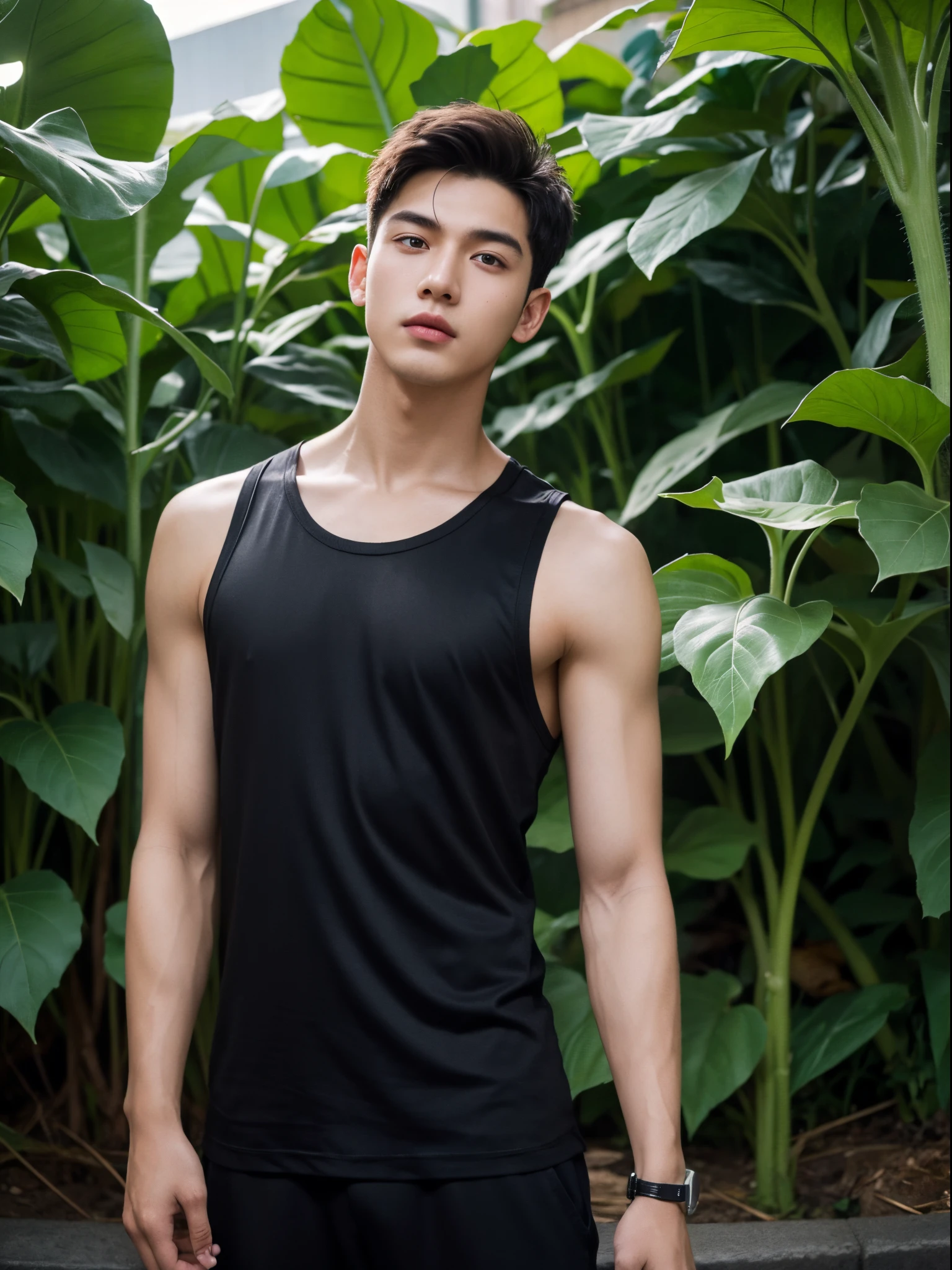 male, 20 year old boy, black eyes, slick back, sleeveless clothes, half body photo, head facing the camera, parking area, jungle, sunflower