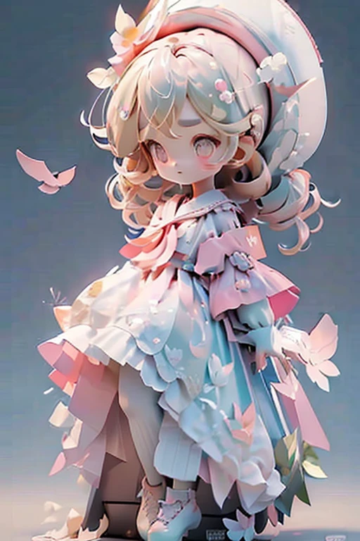 Yuko has wavy blonde hair, thin eyebrows, and pink eyeshadow. She wears a blue dress with floral patterns and pink lines, a white neckerchief, white, tri-layered sleeves, white pants, and pink wingtip shoes with light gray laces and soles. She also carries a white parasol with a pink inside, a pink top button, and a blue handle.