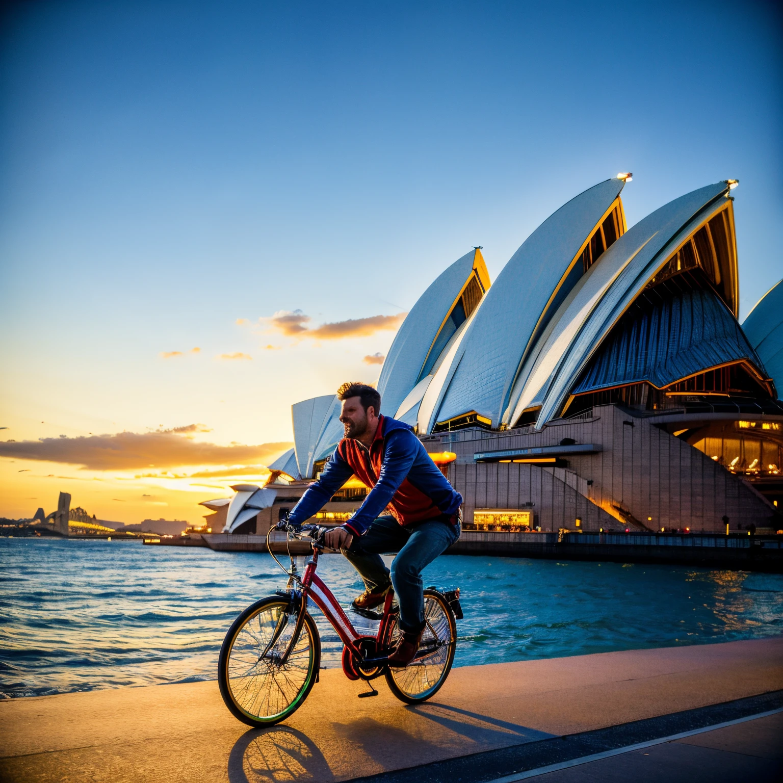 High detail, photorealism, vibrant tourism photography, a photograph of a man riding a bike past sydney opera house with the sun setting. Trees and street lights on the left. holiday season, glowing lights! sydney, retro lights, breathtaking lights, in australia, sydney opera house nostalgic lighting.