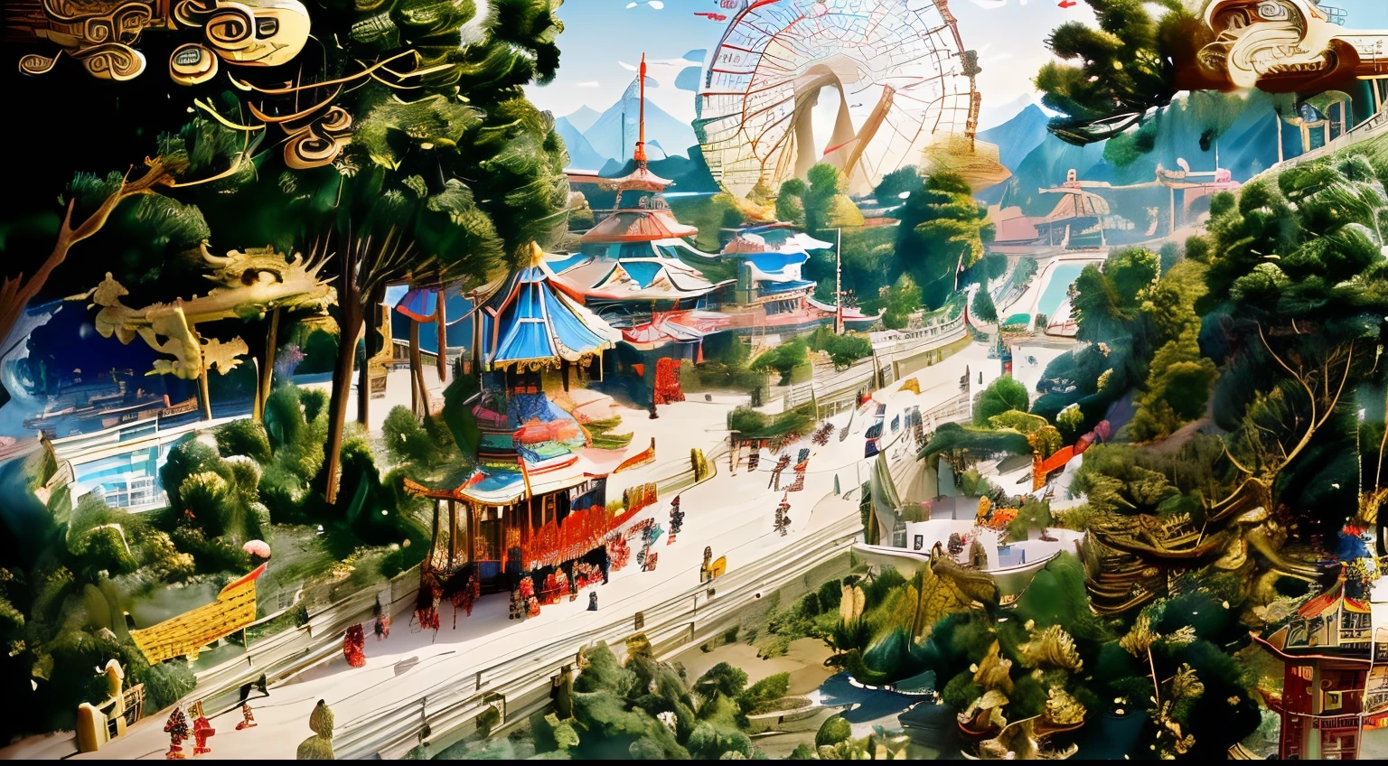Painting of a park with a ferris wheel and a lot of people - SeaArt AI