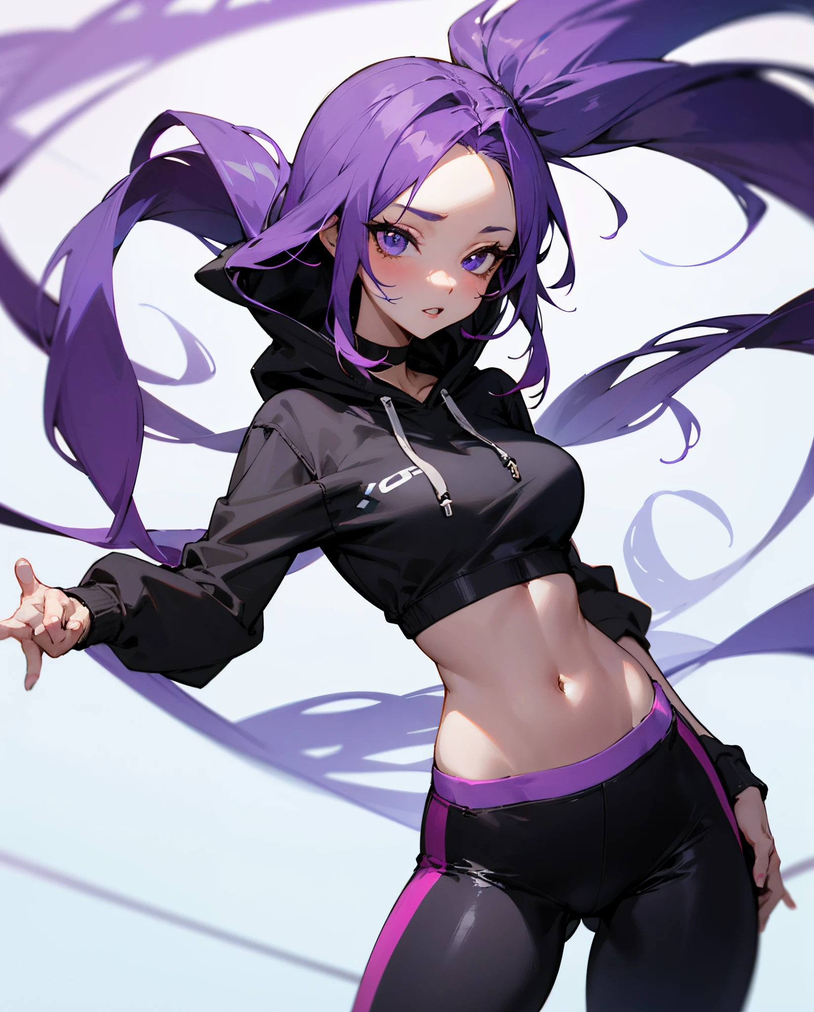 Sexy woman wearing a crop top hoodie and tight sports pants, long purple hair, anime