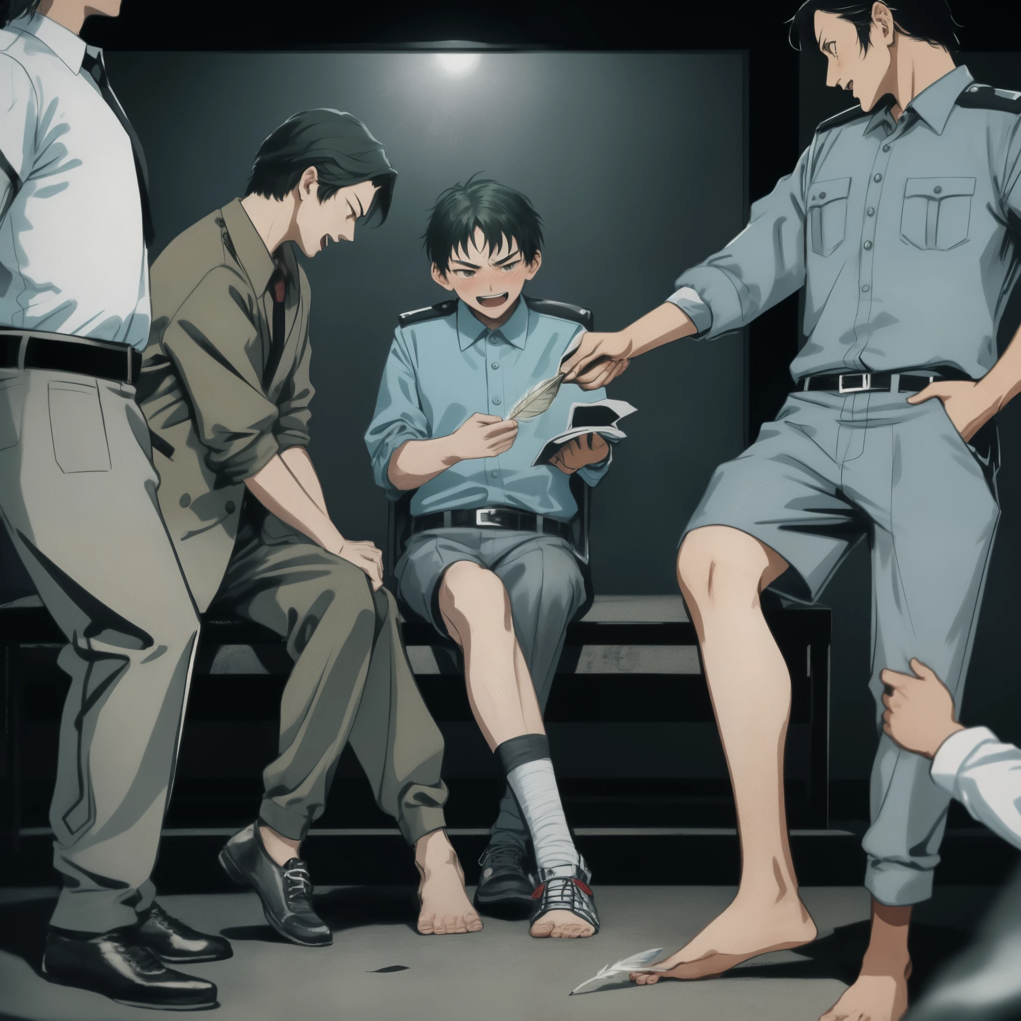 Generate an image depicting a suspenseful interrogation. Imagine a scene where a middle aged gangster is using a feather to tickle a teenage boy's  feet in order to extract information. Focus on capturing the tension and suspense in the atmosphere. The gangster should be portrayed as intimidating and menacing, while the teenage boy should appear frightened, vulnerable and laughing intensely.