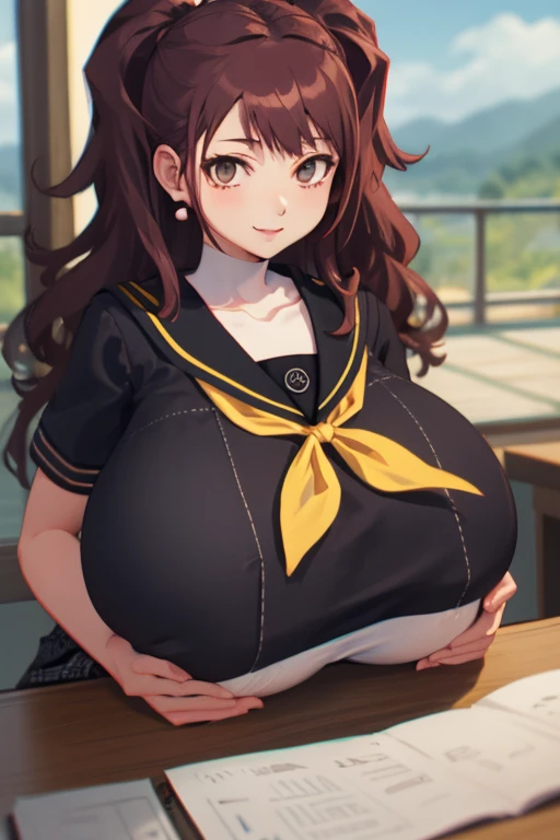 masterpiece, best quality, highres,
rural japan, japanese architecture in the background, smile,
1girl, solo, looking at viewer, breast rest,
kujikawarise, long hair, (large breasts:1.6), twintails, bangs,
skirt, collarbone, school uniform, white shirt, shirt, short sleeves, pleated skirt, serafuku, black skirt, sailor collar, neckerchief, black sailor collar, yellow neckerchief, yasogami school uniform, earrings, (buttons popping off shirt)