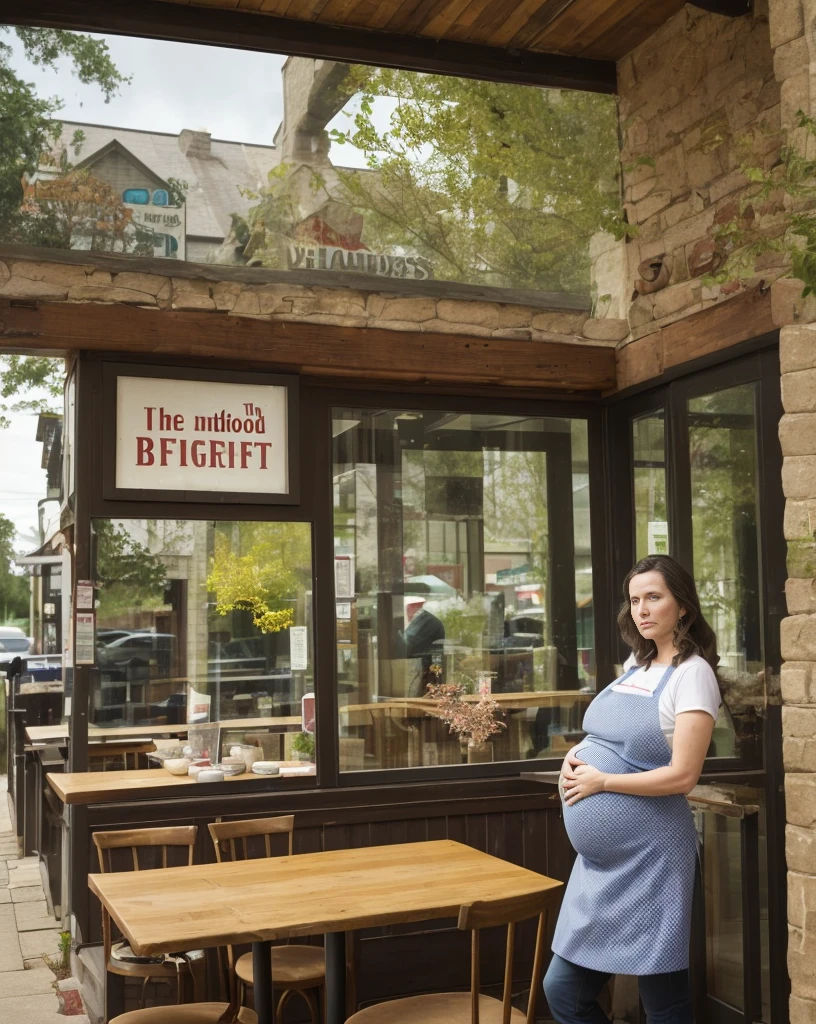 Image Prompt:
Create an image that depicts a woman standing in front of a charming, rustic restaurant. The restaurant has a weathered sign that reads "The Oakwood Bistro" hanging crookedly. The surroundings are lush with greenery, indicating a peaceful, countryside location.

The woman is portrayed as determined and resilient, despite the circumstances. She stands with her hands resting on her slightly protruding baby bump, wearing a worn-out apron and a weary expression on her face. Her eyes reveal a mix of sadness and strength, as she contemplates the difficult decision she has made.

One hand clutches a set of keys, representing the symbolic act of closing the restaurant for good. Beside her, a "Closed" sign hangs crookedly on the glass door. Through the window, we catch a glimpse of the interior, where you can see empty tables, a deserted counter, and faded memories of once-bustling ambiance.

The image captures the woman's resilience as she faces adversity during this pivotal moment in her life. It evokes a sense of poignant sacrifice, as she grapples with the challenges of managing a burgeoning pregnancy while letting go of her beloved restaurant.