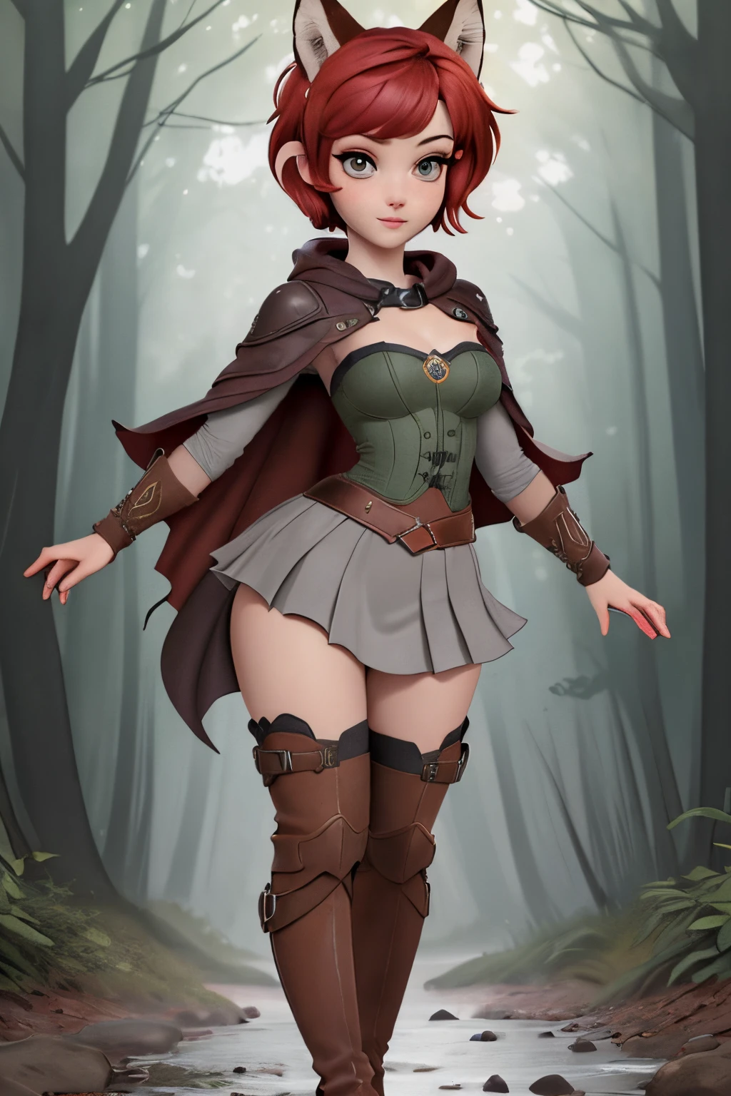 Beautiful 1girl in, full body, teenager, Solo, (short pixie cut Hair, undercut red hair: 1.28), ((light gray eyes)), some small freckles, (dark fox ears: 1.35), pale skin, medium breasts, cleavage, (thin hips, thin waist: 1.25), (arched back:1.12), detailed skin, mischievous smile, (revealing clothes, brown leather, cowl, cloak, corset, skirt, long boots, buckles, straps, pouches, green fabric, brown leather: 1.1), (action shot, flying: 1.21), (detailed magical forest background:1.1), creek, overlooking opening in forest, relaxing, 4k textures, soft light, elegant, highly detailed, sharp focus, soothing tones, insane details, intricate details, hyperdetailed, high contrast, hdr