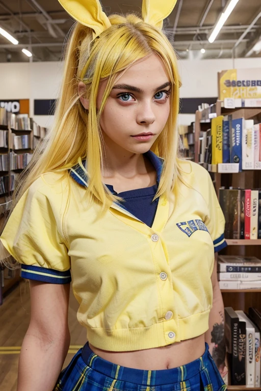 Create a girl with bright yellow hair bunny style in a bookstore with a blue school girl uniform. She has frekles. Eyes are Green and shaped like cara delevingne