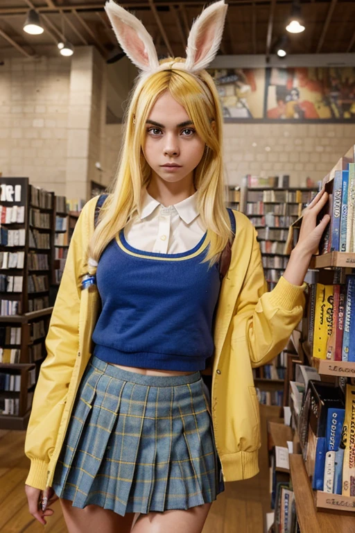 Create a girl with bright yellow hair bunny style in a bookstore with a blue school girl uniform. She has frekles. Eyes are Green and shaped like cara delevingne