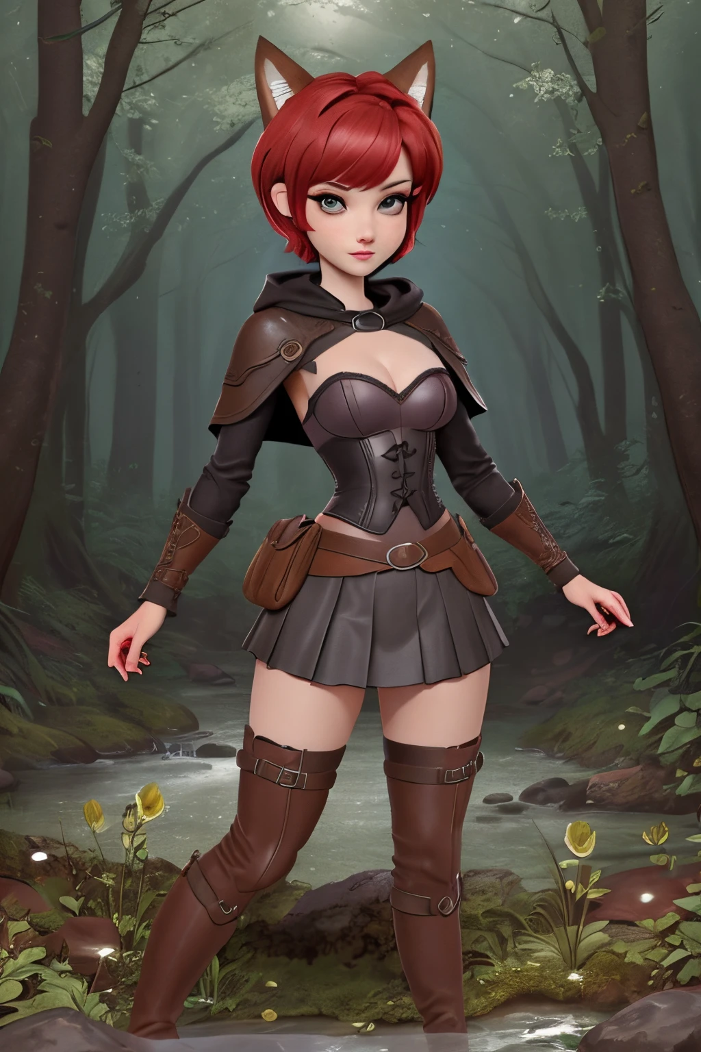 Beautiful 1girl in, full body, teenager, Solo, (short pixie cut Hair, undercut red hair: 1.28), ((light gray eyes)), some small freckles, (dark fox ears: 1.35), pale skin, medium breasts, cleavage, (thin hips, thin waist: 1.25), detailed skin, mischievous face, (revealing clothes, brown leather, cowl, cloak, corset, skirt, long boots, buckles, straps, pouches, green fabric, brown leather: 1.1), kneeling, (detailed magical forest background:1.1), creek, overlooking opening in forest, relaxing, 4k textures, soft light, elegant, highly detailed, sharp focus, soothing tones, insane details, intricate details, hyperdetailed, high contrast, hdr