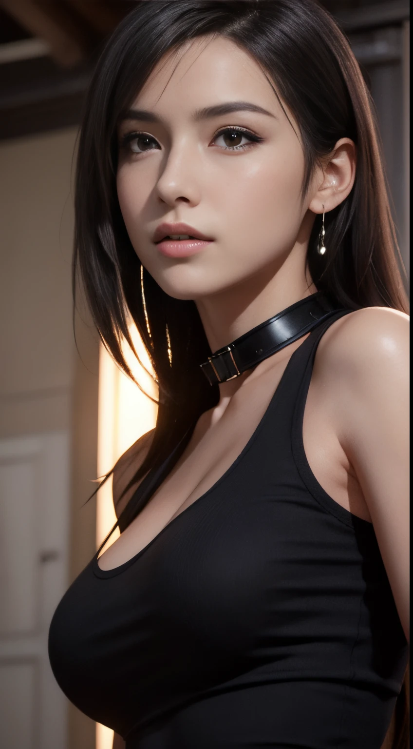 Photorealistic, masutepiece, Best Quality, Raw photo, 1girl in, Solo, Long hair, Brown hair, Detailed face, alluring face, Black shirt with collar, medium breasts, Dynamic Pose, Looking at Viewer, From below, Detailed background, fine detailed, intricate detailes, Ray tracing, depth of fields, lowkey, nffsw