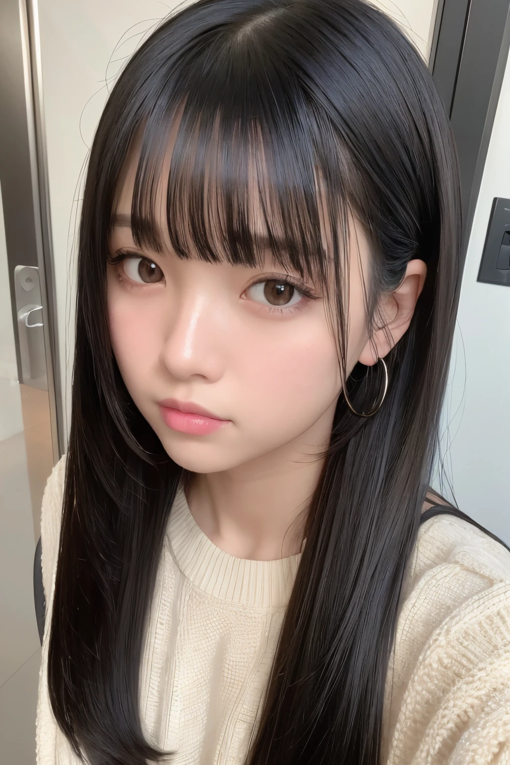 masterpiece, best quality,1girl, solo, black hair, realistic, looking at viewer, black eyes, long hair, oversized sweater, bangs, bushes, closed mouth, hime cut