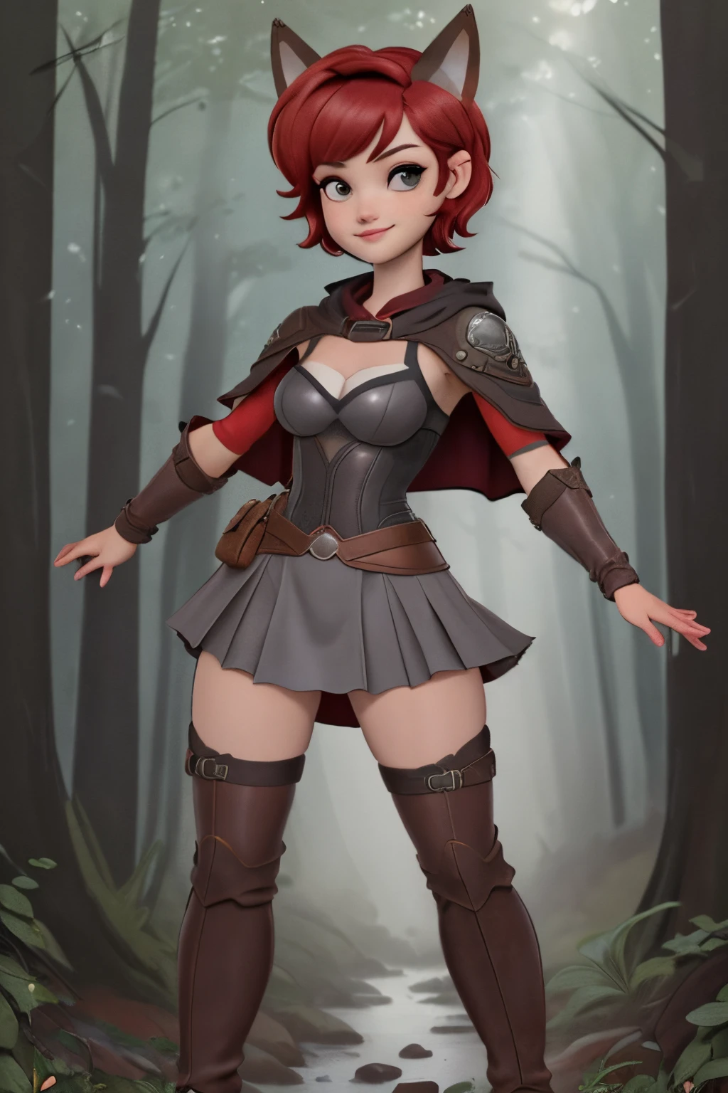 Beautiful 1girl in, full body, teenager, Solo, (short pixie cut Hair, undercut red hair: 1.28), ((light gray eyes)),  some small freckles, (dark fox ears: 1.35), pale skin, medium breasts, cleavage, (thin hips, thin waist: 1.25), (arched back:1.12), detailed skin, mischievous smile, (revealing clothes, brown leather, cowl, cloak, corset, skirt, long boots, buckles, straps, pouches, green fabric, brown leather: 1.1), (action shot, hero pose: 1.21), (detailed magical forest background:1.1), creek, overlooking opening in forest, relaxing, 4k textures, soft light, elegant, highly detailed, sharp focus, soothing tones, insane details, intricate details, hyperdetailed, high contrast, hdr