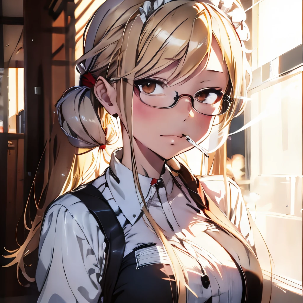 【Highest Quality, masutepiece】 [girl, Manteau, expressioness, brown eyes,glasses, sanpaku eyes,front facing,beauty blonde hair, Slender beauty,straight haired, long pony tail hair ,Upper body] , no smile,Waitress apron, smoke a cigarette,