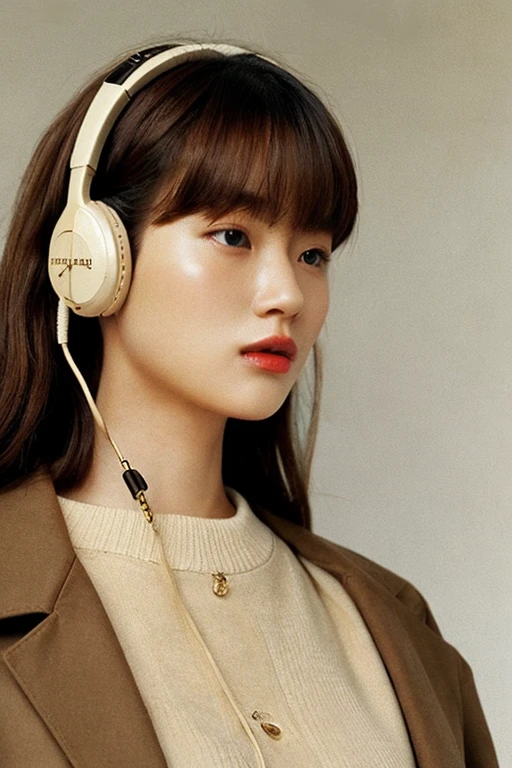 women are beige,a 20 yo woman、Pattsun bangs、Wearing headphones、1990's、Retro、Fashion Editorial