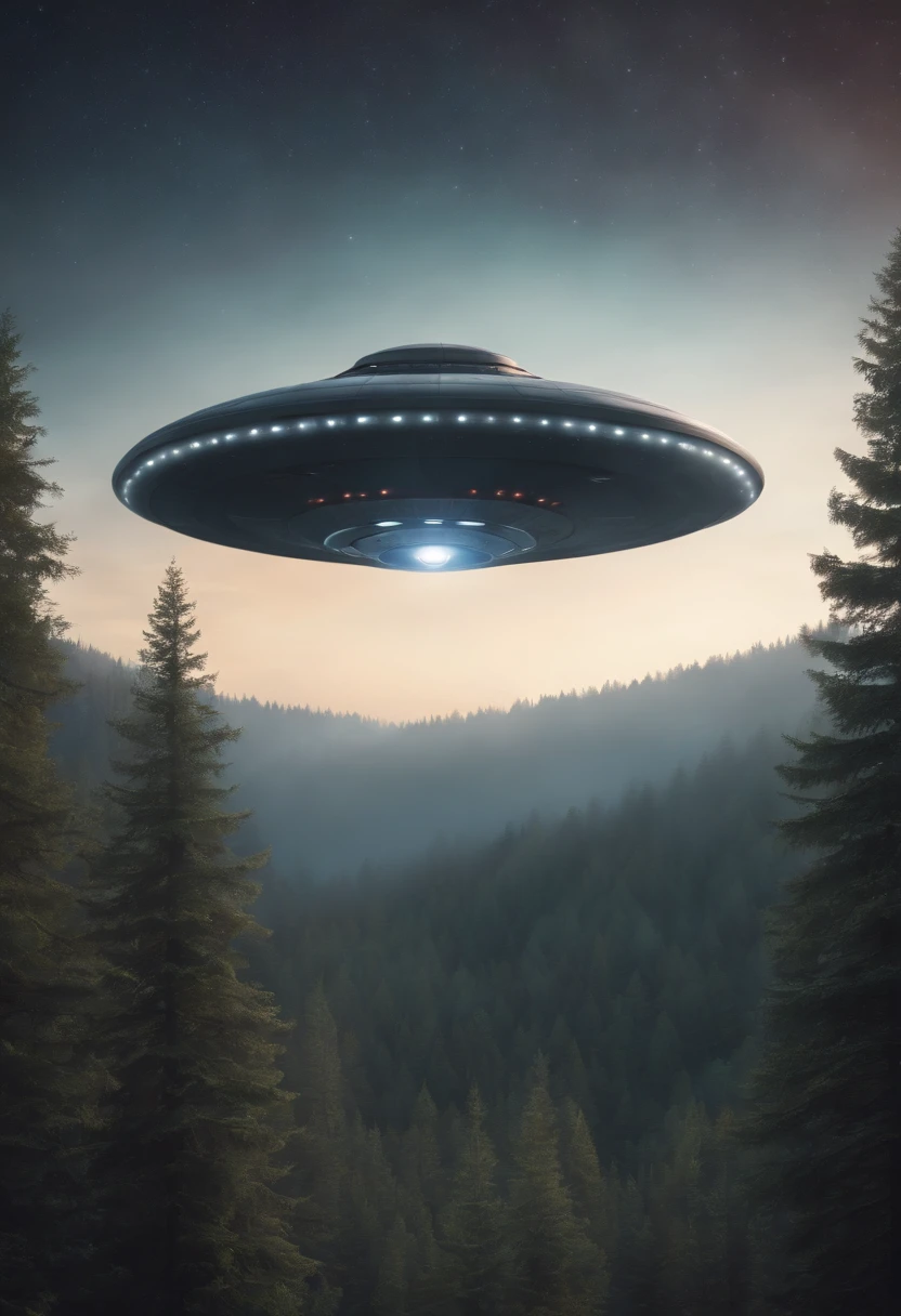 "a detailed illustration of a UFO craft hovering in the air above a nocturnal forest on the horizon"