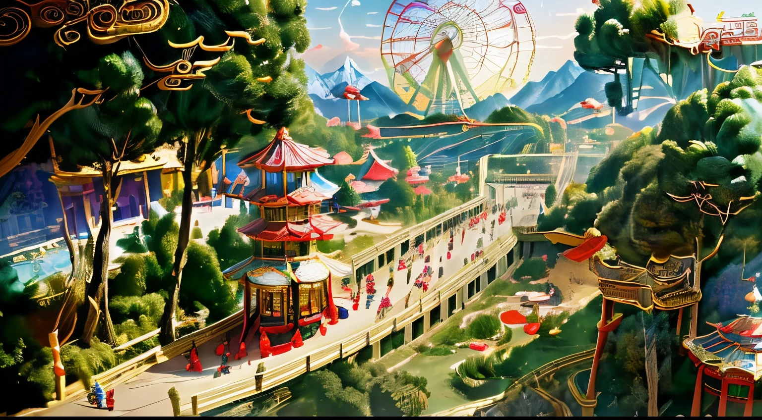 The theme is an amusement park scene with Chinese style elements, from an aerial perspective. The amusement facilities based on Chinese style elements include roller coasters, Ferris wheels, carousels, etc., with mountains and water, and a beautiful environment. The Chinese style amusement park is like a fairyland, and during the day