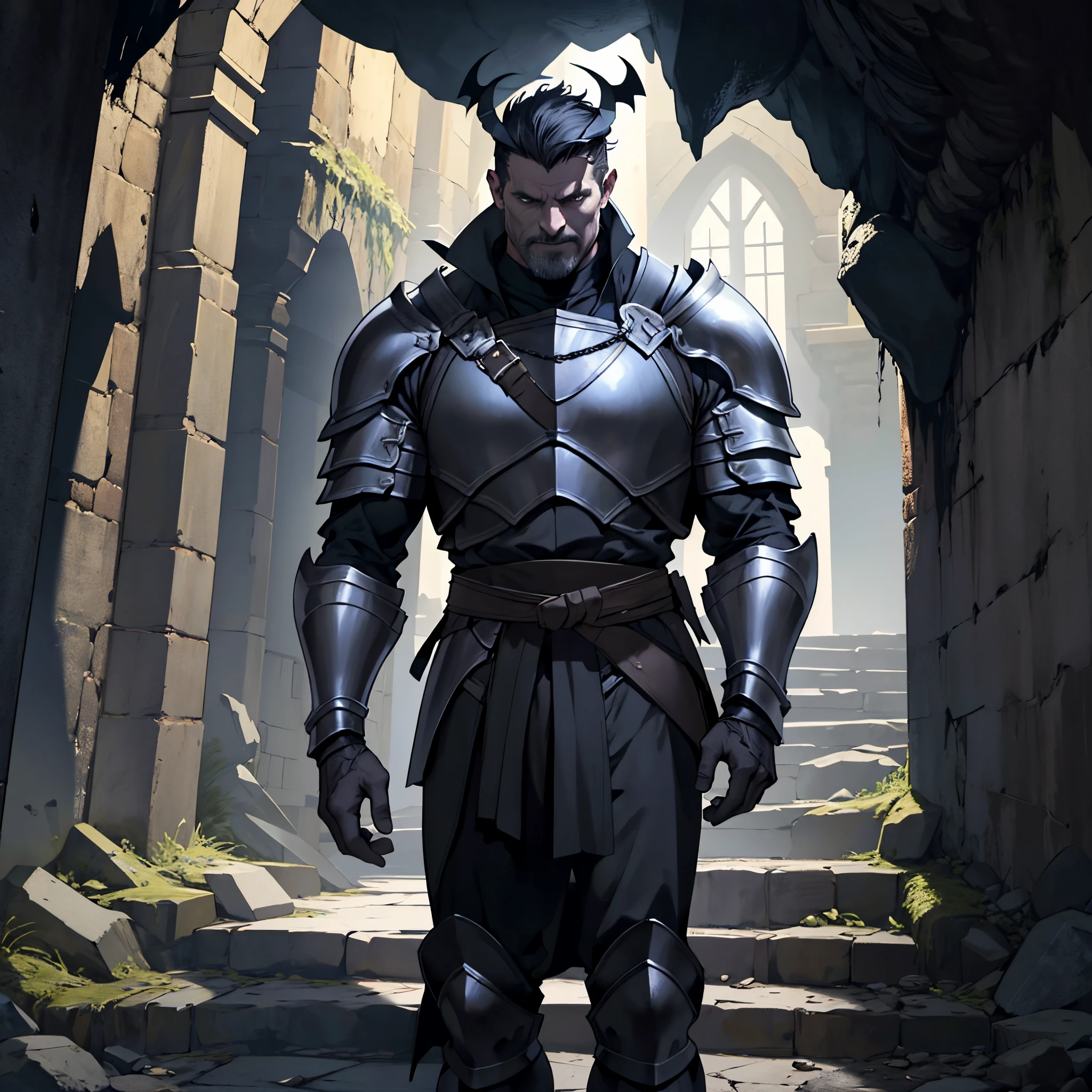masterpiece,Best Quality, detailed, 4k, Cinematics, Background with:Stairs inside a dark cave inside a medieval castle, A knight wearing black bat-shaped armor(A middle-aged man without a hat), unusual hairstyle, No bat snap
