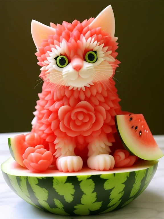 There was a watermelon and a cat made of watermelon., Food Art, Made of fruits and flowers, watermelons, Cute cat, Sculpture from candy, Made of flowers and fruits, Cute cat, cute detailed artwork, cat design, awesome cat, Cute, Cat masterpiece, cute artwork, Has a very realistic appearance, amazing, anime cat, sculptures