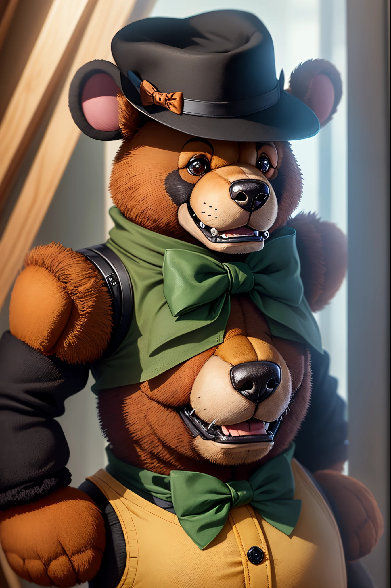 Freddy fazbear is an animatronic bear with a black hat and bow tie