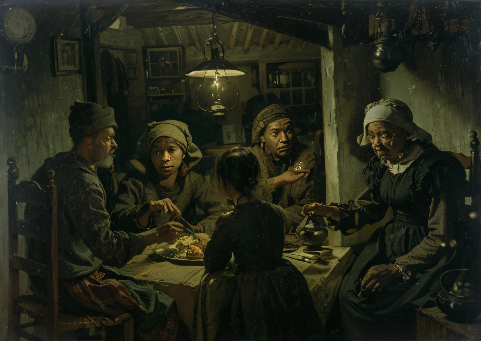cinco pessoas camponesas, em volta de uma mesa com poucos e comida, with old and sober clothes in a wooden house, lit by an old lamp hanging from the ceiling. There are two windows in the background. A woman is in front in a black dress, She is on her back.