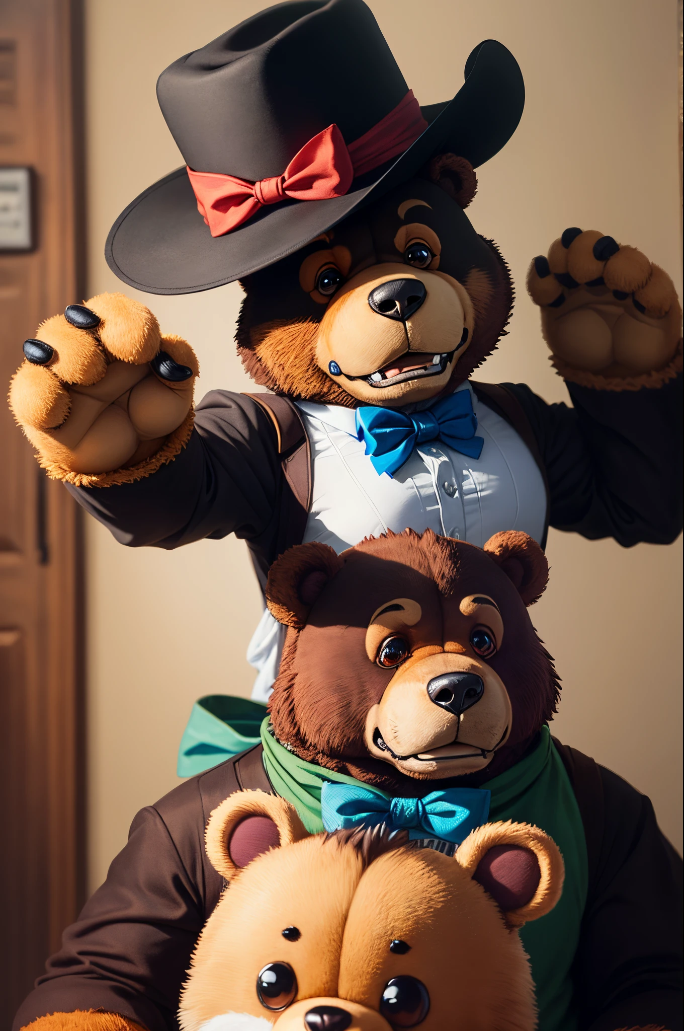 Freddy fazbear is an animatronic bear with a black hat and bow tie