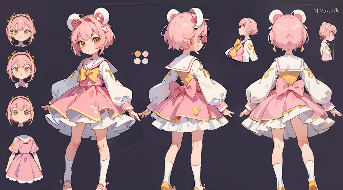 Character Reference Sheet, 1 girl, 10 years old, ((azure fantasy characters)),  The whole body is intact, Character design sheet, ((1 front view, Only 1 front view and 1 back view.)) Fashion design in yellow and white theme, Symmetrical elements in clothing, Imitation clothing detection, similar to CLO, A wonderful designer, 8k resolution, Ultra HD image output，Punk Clothing，Pink sailor suit，pink short hair，Yellow-eyed，A large white bow on his head.，Teenage female