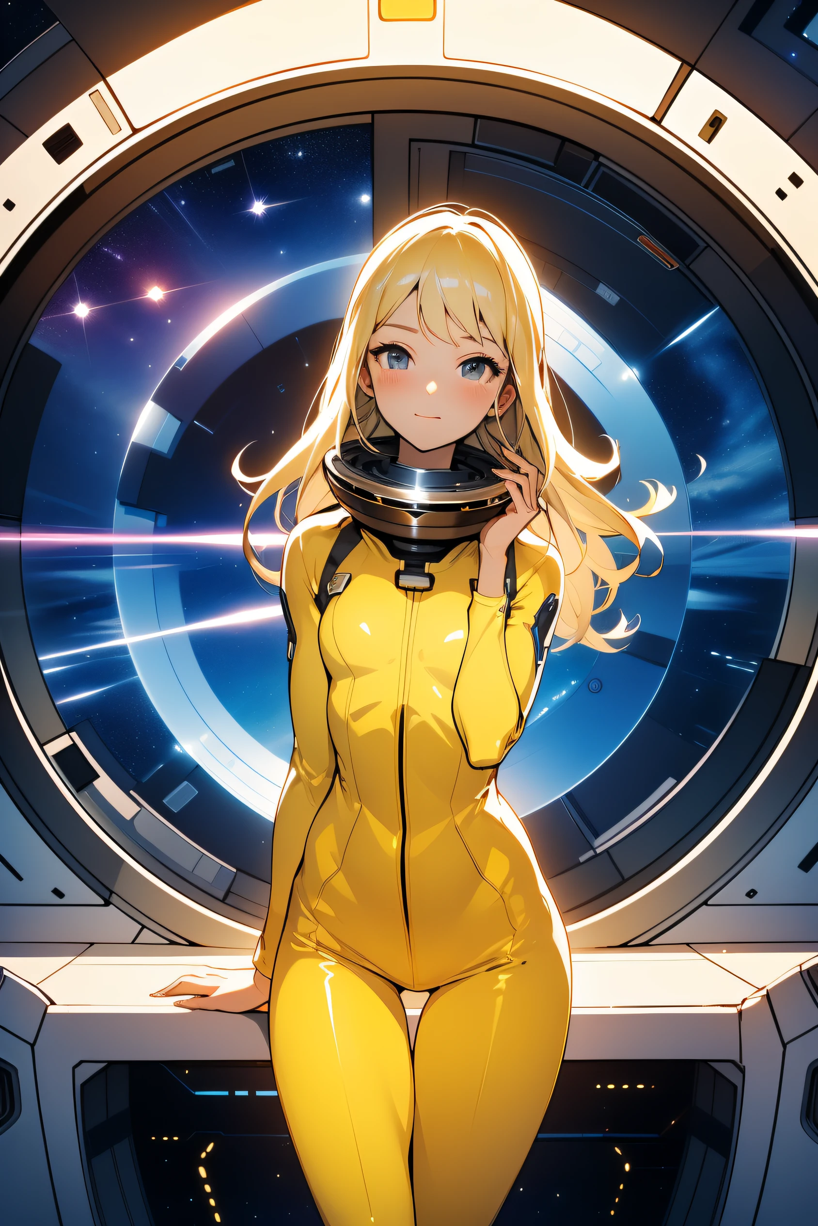 (masterpiece, best quality:1.2), (cowboy shot:1.1), solo, 1girl, mori yuki, slight smile, closed mouth, side view, looking at viewer, blonde hair, long hair, thigh gap, yellow bodysuit, skin-tight, perfect body, large window, (starship porthole:1.3), (spread legs:1.3), (standing:1.1), thigh gap, sensual pose, sideview, perfect hands, bright starship interior, (outer space view:1.1), (orbital view:1.3), (night, stary sky:1.5), milky way