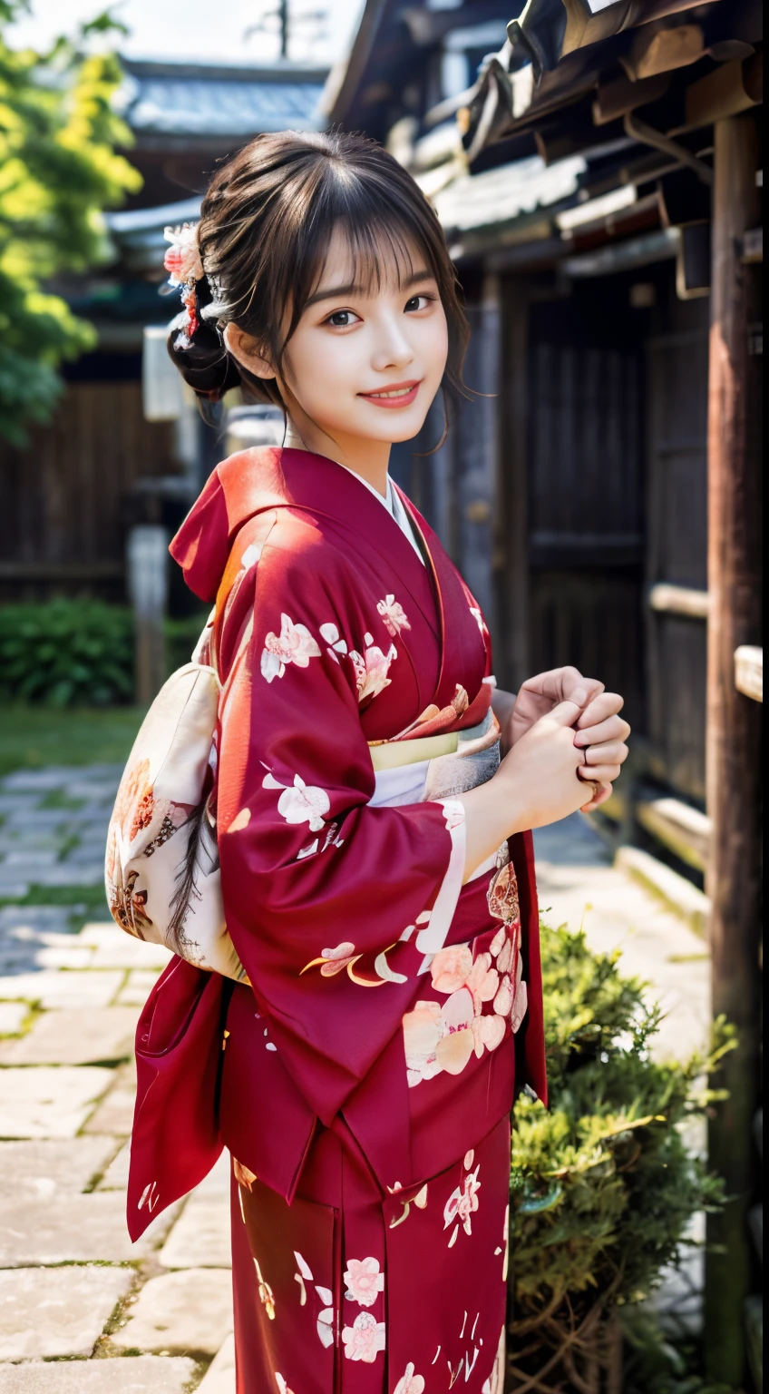 (red kimono:1.2)、(Kyo-Yuzen:1.2)、(Floral pattern in Japanese style:1.0)、(Furisode:1.5)、(Japanese traditional classic pattern:1.2)、tabi、(top grade)、1人の女性、sixteen years old、full body Esbian、A dark-haired、(reallistic:1.7)、((Top image quality))、absurderes、(超A high resolution)、(Photorealsitic:1.6)、Photorealsitic、octane renderings、(hyper realisitic:1.2)、(photorealiscic face:1.2)、(8K)、(4K)、(​masterpiece)、(realistic skin textures)、(illustratio、Cinematographic lighting、wall-paper)、(beautidful eyes:1.2)、((((face perfect))))、(Cute face like an idol:1.2)、(is standing)、shrines、torii gate、(1 moon)、Detailed cute face、Realistic Beauty、A smile、