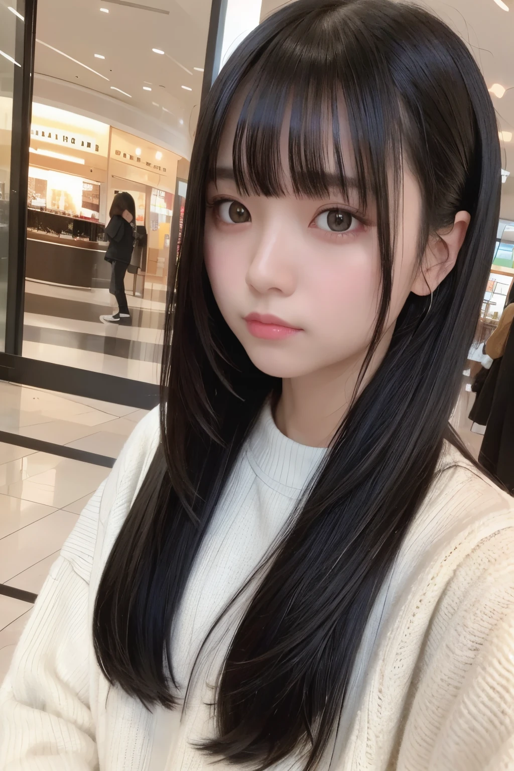 masterpiece, best quality,1girl, solo, black hair, realistic, looking at viewer, black eyes, long hair, oversized sweater, bangs, mall, closed mouth, hime cut, selfie