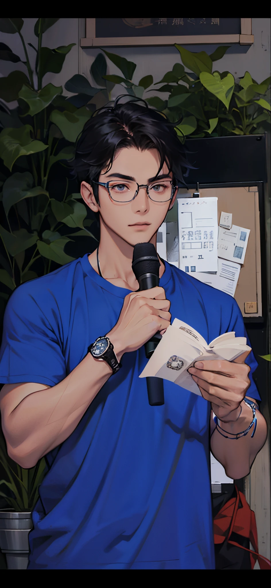 Chinese male student, thick hair, dark skin, wearing a blue T-shirt, wearing glasses, holding a microphone, wearing a black stone bracelet on his wrist.