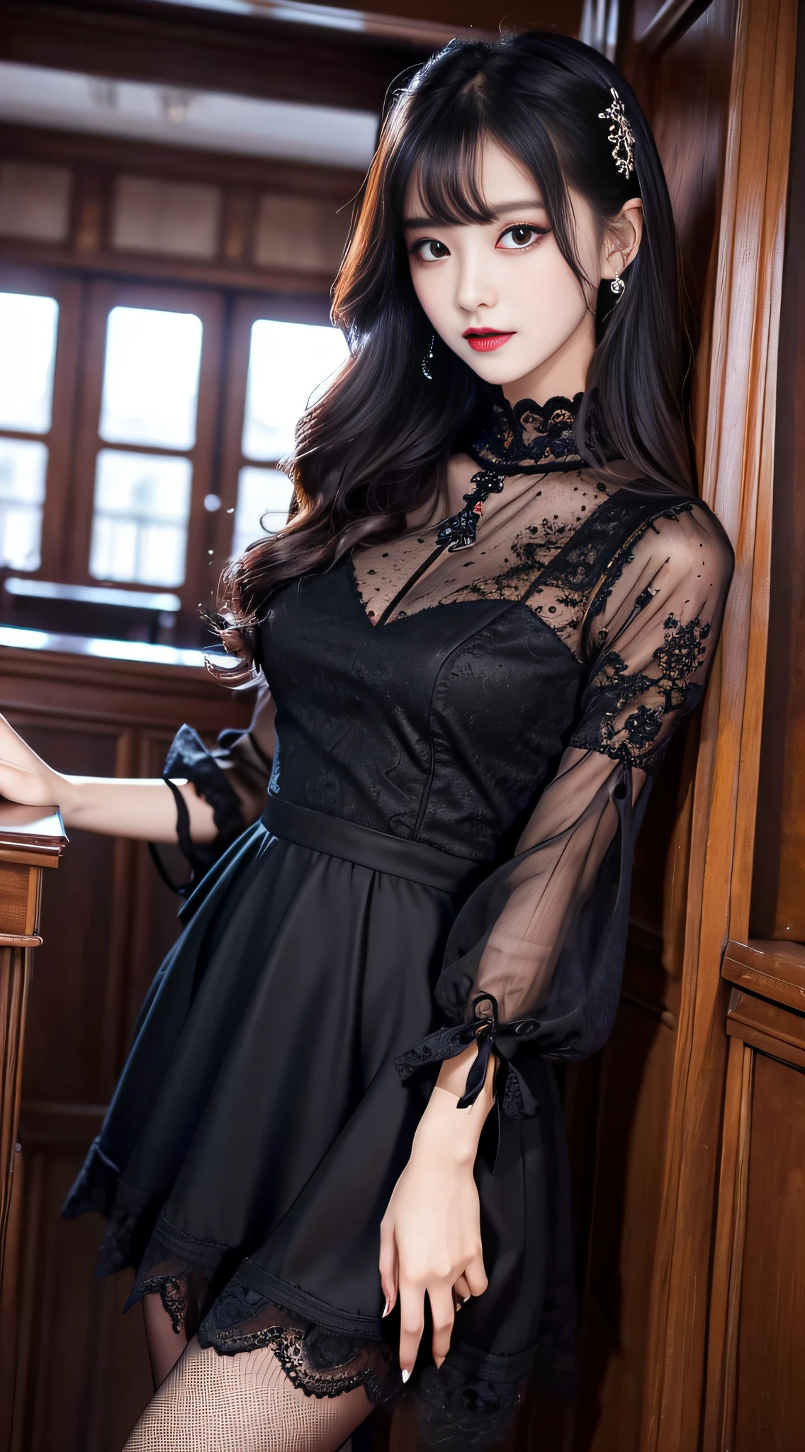 Ultra-detailed、Fascinating beauty、Dainty woman、Cool Girl、Wavy Hair、Black chiffon dress、Wide sleeves、flered skirt、Evil Female Executive、Evil Fall、brainwash、lacy fabric、Glossy legs、black lipstick、Evil look、Suspicious look、Hollow eyes、wicked、Reaching out、Hold your hand over it、selfy、stand up