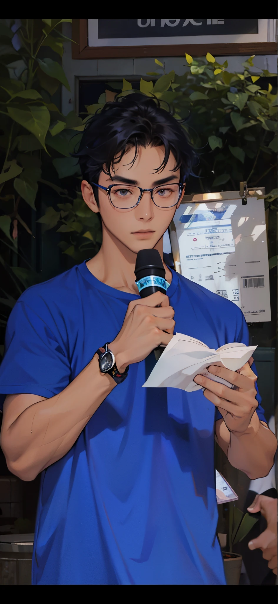 Chinese male student, thick hair, dark skin, wearing a blue T-shirt, wearing glasses, holding a microphone, wearing a black stone bracelet on his wrist.