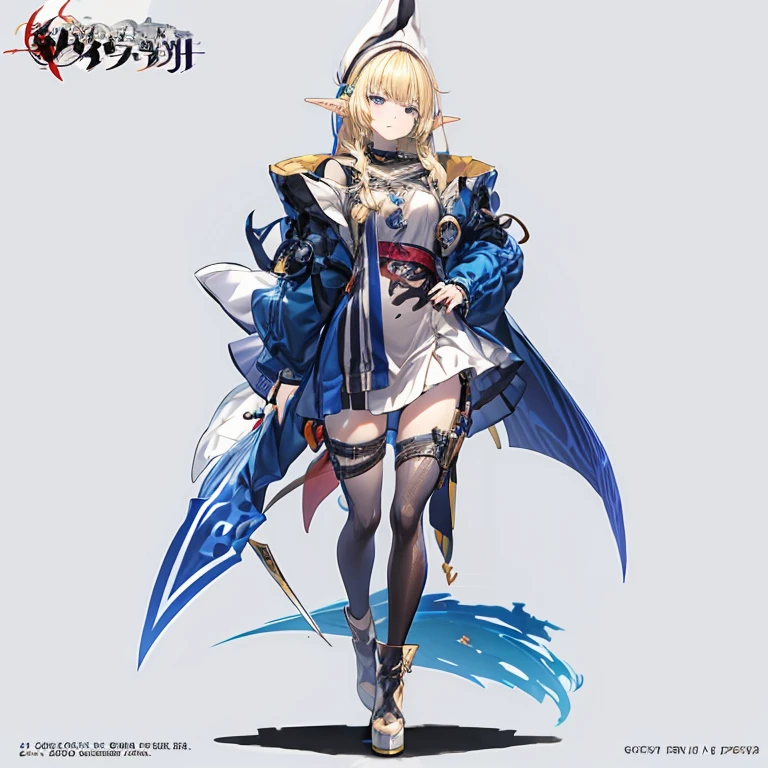 Anime figurine，Character illustrations, ( ( character concept art ) ), detailed anime character art, Beautiful Full Body Concept Art, official character art, Shadowverse Character Concept, Character Profile, Illustration of an official character, Full concept art of the character, detailed character art，girls，outfit design，Customizing Symbols，Three types，petiterl，Morden Style，Functional Wind，vtuber，Complete the whole body，standing painting，OC，elf ears，light blonde hair color，（Shorter pants），Adult woman