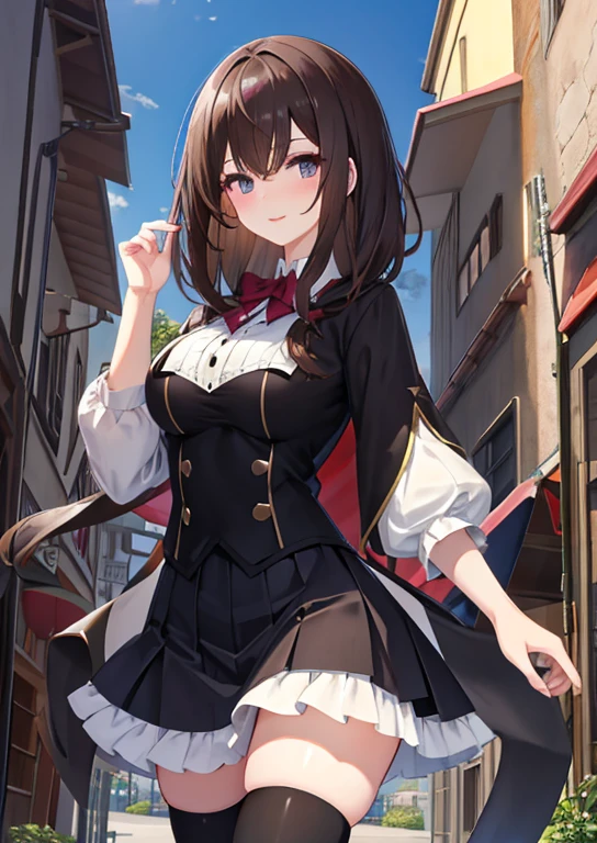 Anime beauty，JK Skirt，ssmile，blacksilk、Brown Color Hair，white knee highs、Port town alley、Colossal tits、Slender eyes、sidelong glance、amorous