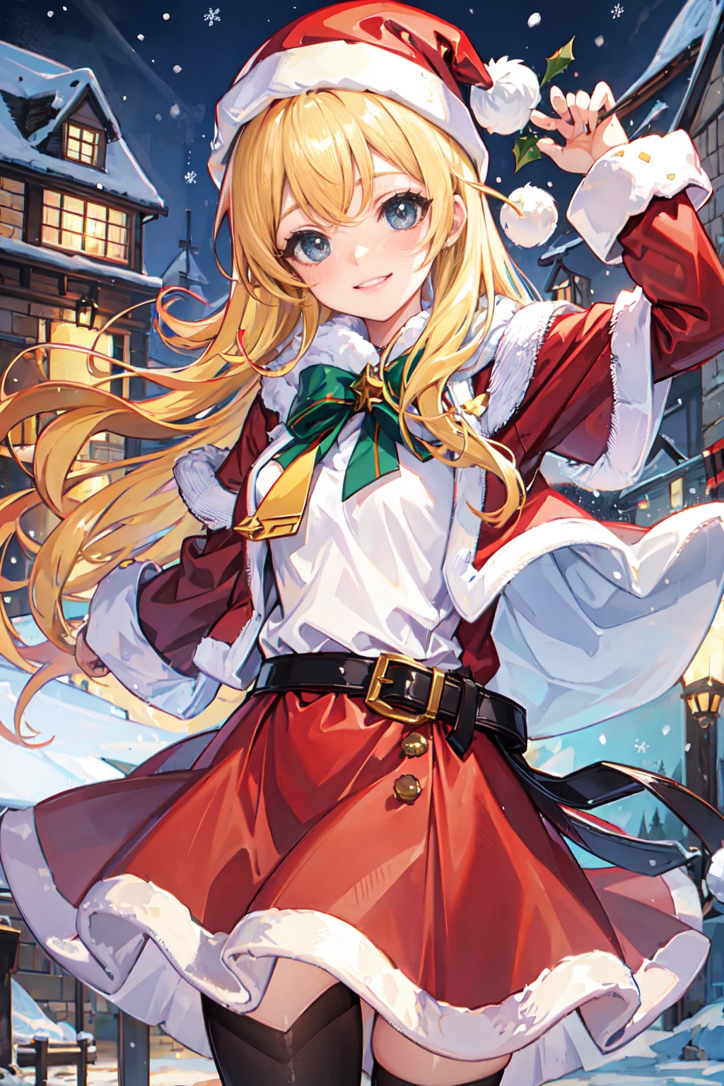 lissa, santa hat, santa costume, fur trim smile, sov, snow medieval town background,CGQuality,