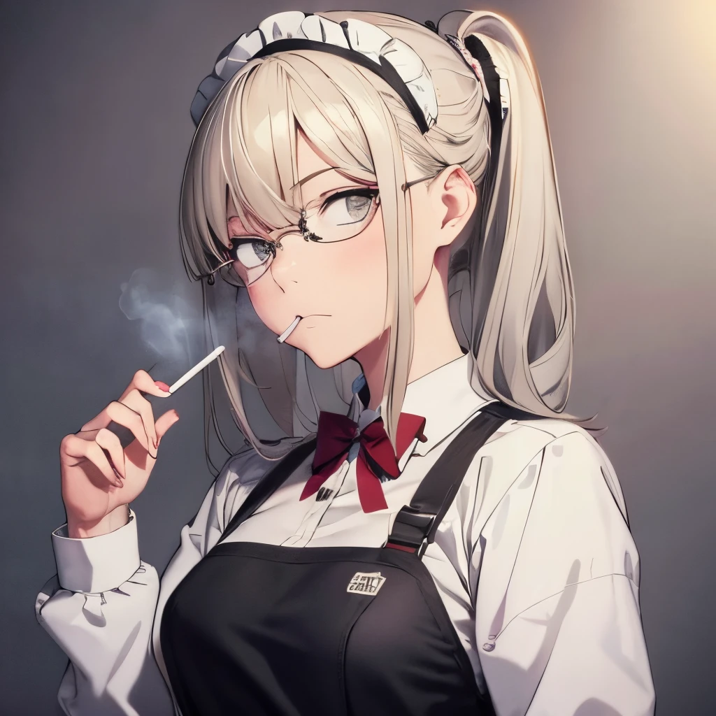 【Highest Quality, masutepiece】 [girl, Manteau, expressioness, brown eyes,glasses, sanpaku eyes,front facing,beauty blonde hair, Slender beauty,straight haired, long pony tail hair ,Upper body] (Gray white background:1.4), no smile,Waitress apron, smoke a cigarette,