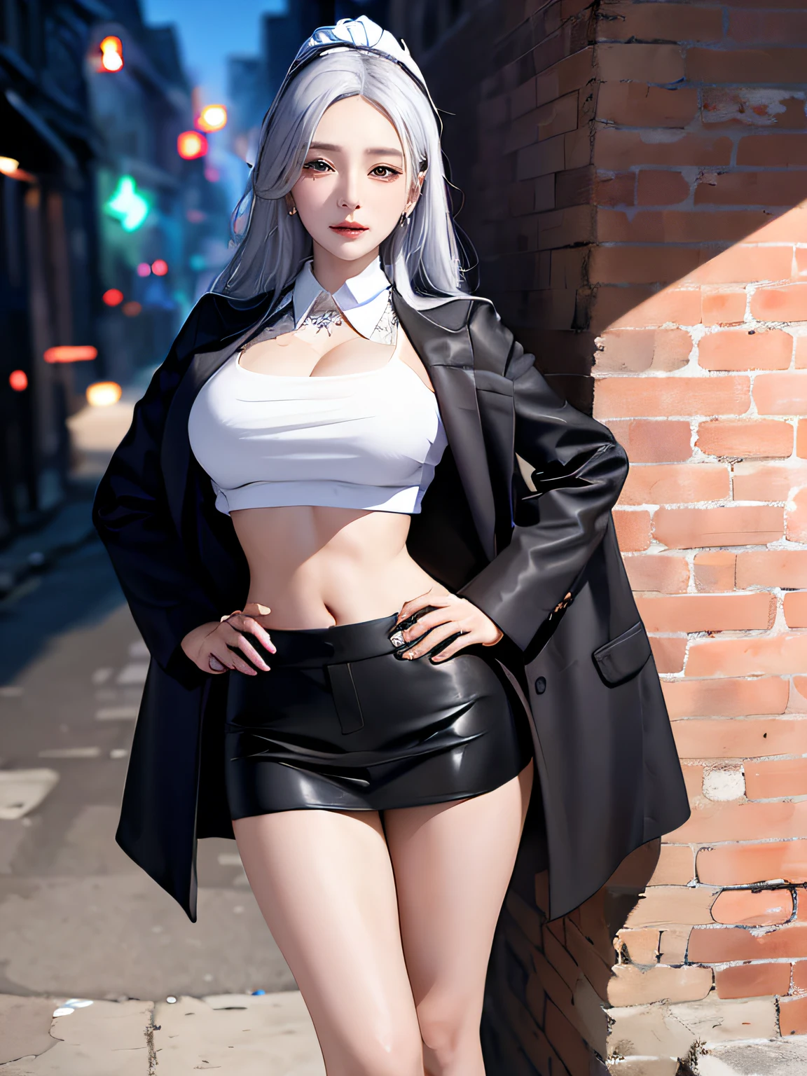 (tmasterpiece, Best quality, 1 busty girl, Alone, exquisite detailing, color difference), top-quality、8K、32K、masterpiece reality, ((Breathe in moderation)), Long white hair,One has white hair, red headgear, Pink highlight, Hair above one eye, ear nipple ring, keen vision，collars，Neon shirt，convertible coat，Crop top，（symetrical eyes，no eye circles，pretty eyes），Place your hands behind your hips，（Perfectly symmetrical body），against a wall，brick walls，scribbles，dim murky lights，alleys，looking at viewert，exposing thighs，white and thin