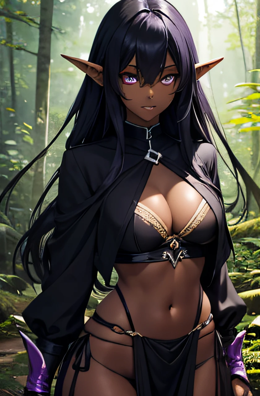 I want to make anime character. She is in a forest. She is an dark elf and has dark skin. She is carrying a bow. She has big and purple eyes. She is and adult, 30 years old. She wear a full black cloth