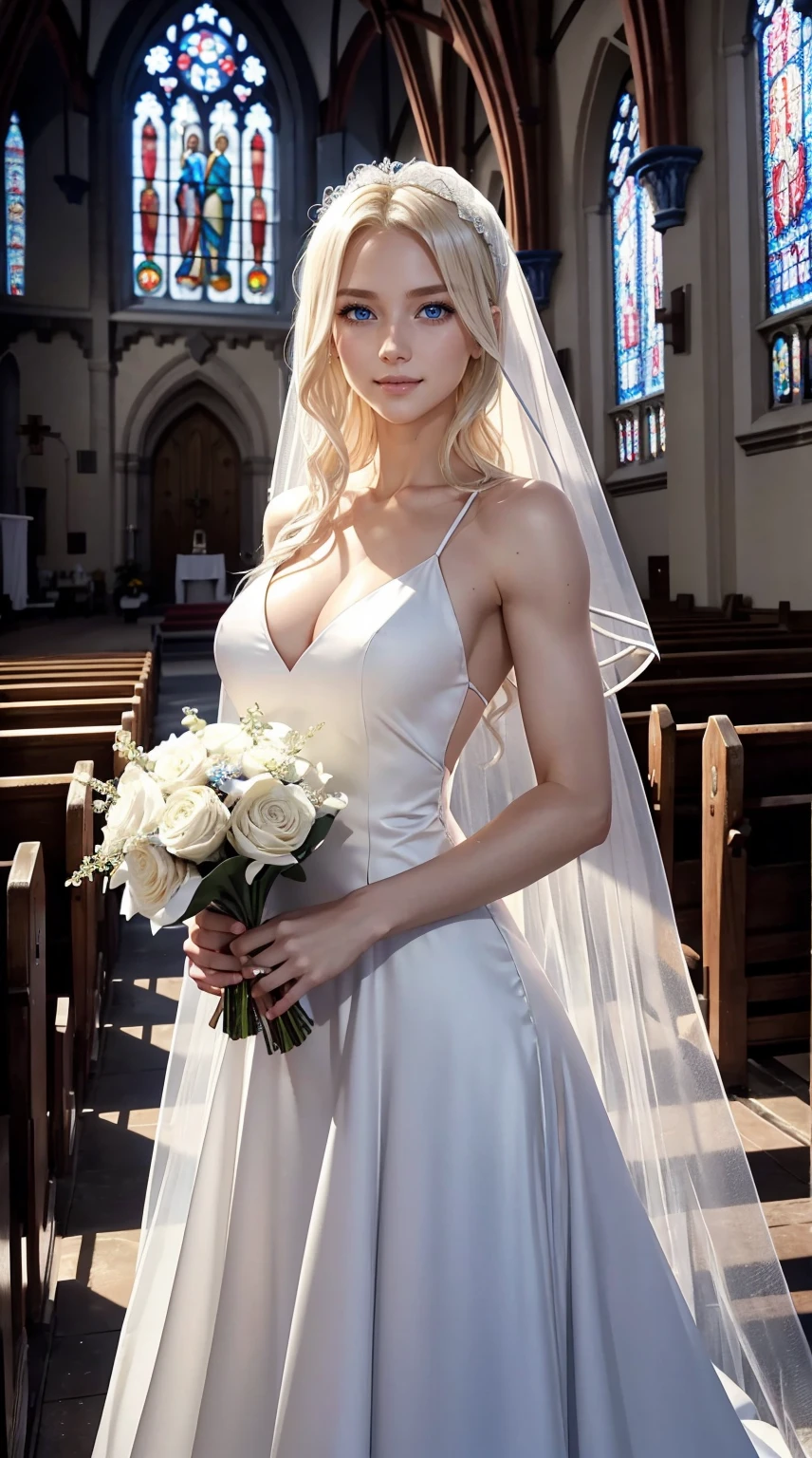 25-year-old Caucasian woman、platinum-blonde、blue eyess、Semi-long、My hair is wavy、My abs are cracked、ssmile、slim muscular body、I don't want my head to disappear from the screen.、wearing a wedding dress、short hem length、Inside a church with stained glass、