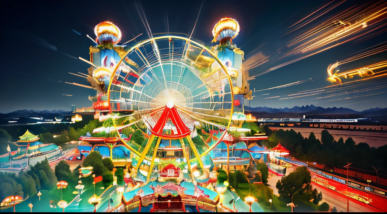 The theme is an amusement park scene with Chinese style elements, from an aerial perspective. The amusement facilities based on Chinese style elements include roller coasters, Ferris wheels, carousels, etc., with mountains and water, and a beautiful environment. The Chinese style amusement park is like a fairyland, and during the day