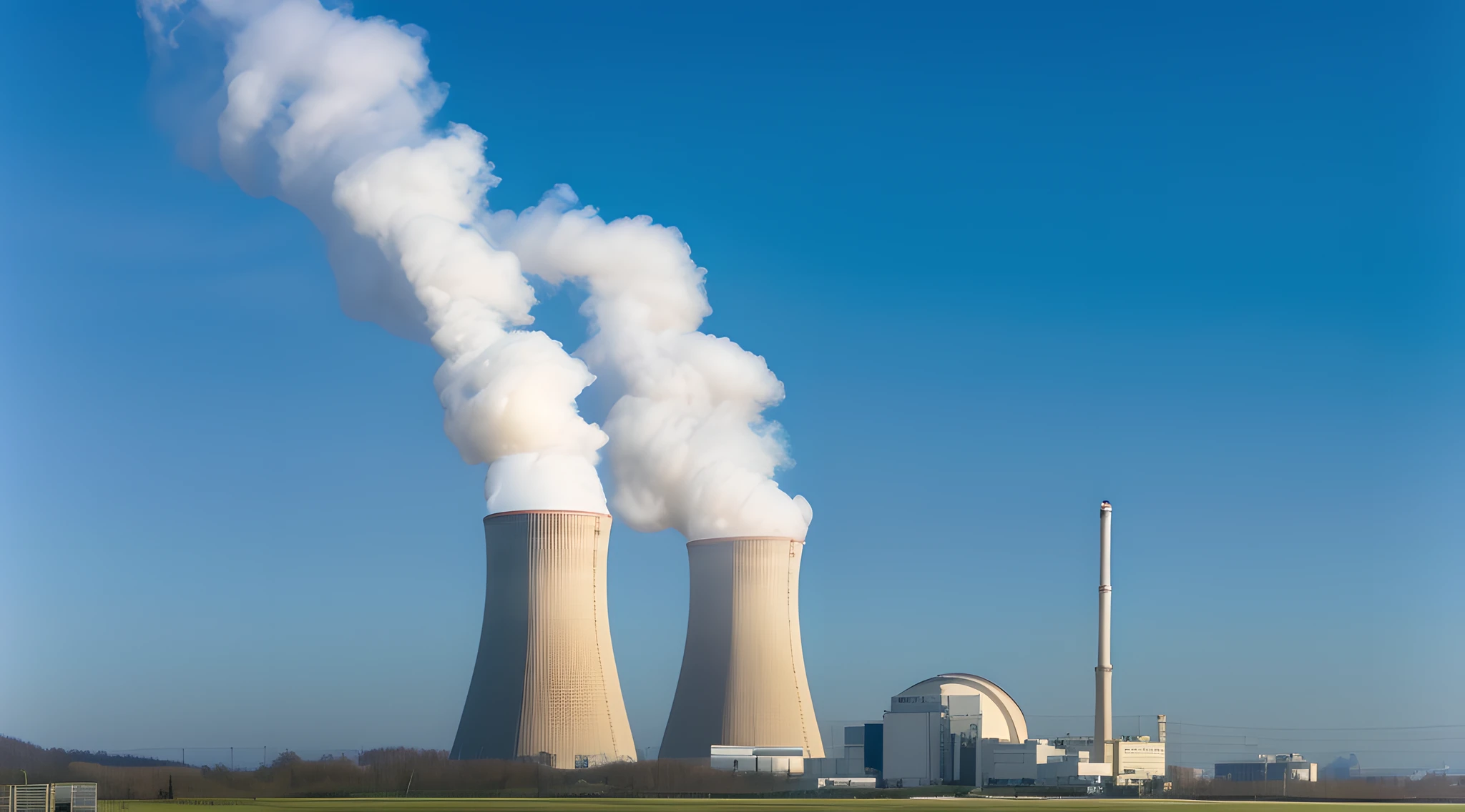 smoke billowing from a cooling tower in a large field, nuclear power plant, nuclear energy future, nuclear power, nuclear reactor, nuclear powered, nuclear, reactor, serene post-nuclear background, power plants, power plants with smoke, the photo shows a large, nuclear cloud, post-nuclear, nuclear waste, atomic, energy, nuclear background, nuke, atom