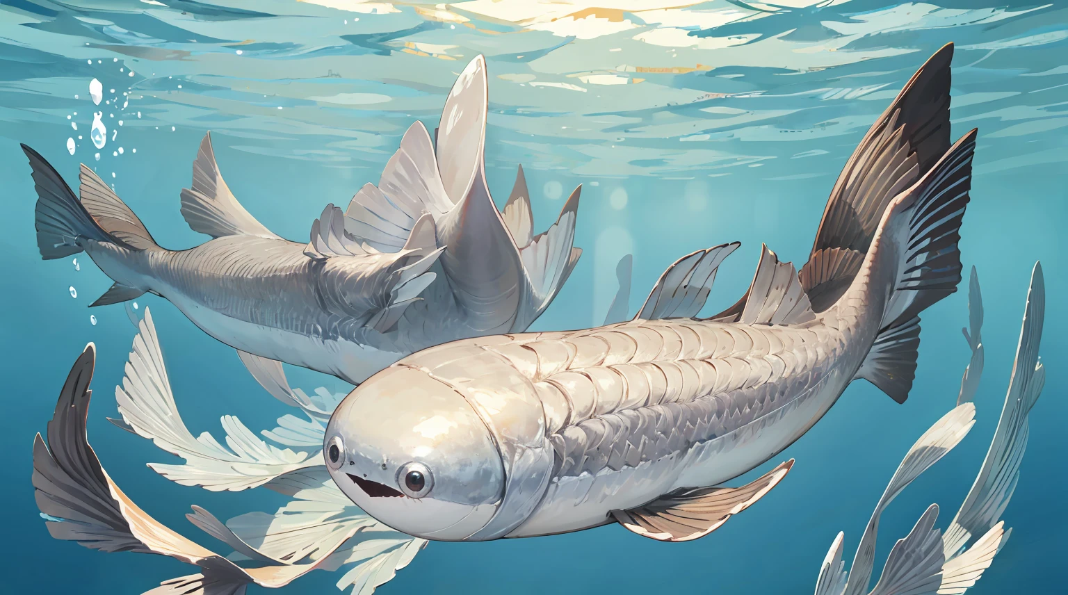 ancient fish,fish,it looks like he is having fun,like a pufferfish,solo, under the sea,Best quality, 8K, detailed,There is no dorsal fin,anime