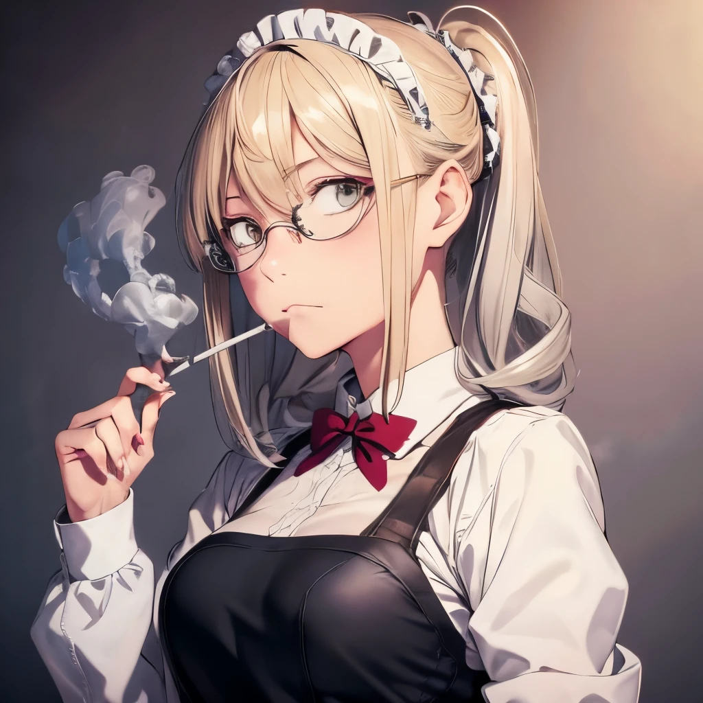 【Highest Quality, masutepiece】 [girl, Manteau, expressioness, brown eyes,glasses, sanpaku eyes,front facing,beauty blonde hair, Slender beauty,straight haired, long pony tail hair ,Upper body] (Gray white background:1.4), no smile,Waitress apron, smoke a cigarette,