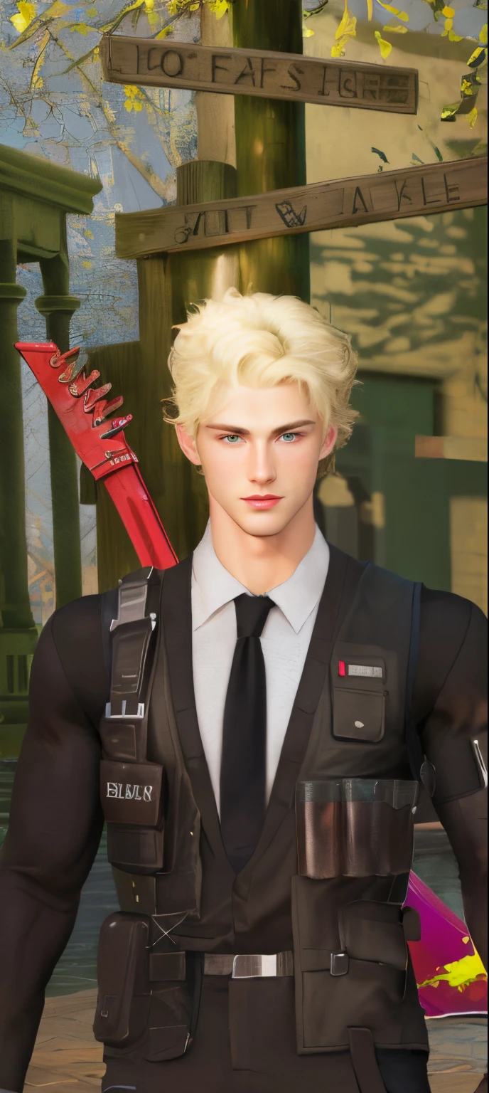 A realistic 30-year-old man, he has short, wavy dark blonde hair, mesmerizing green eyes, and fleshy, red lips. He has a muscular and athletic physique, displaying broad shoulders and defined arms. Its appearance is seductive and captivating, conveying irresistible confidence and charm.