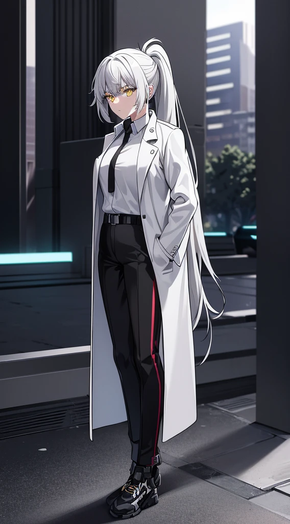 cyberpunk, highres, white background, standing, 1girl, solo, silver hair, yellow eyes, white shirt, black coat, leather pants, black pants, shoes, long hair, ponytail, straight hair, hairpin, black footwear, glowing eyes, mature female, long coat, open coat, shirt tucked in, full body,